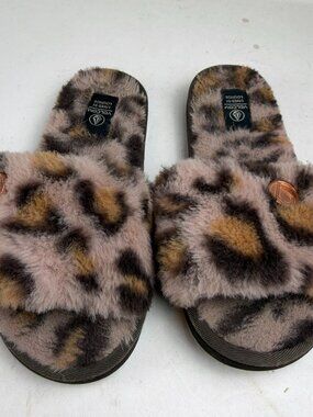 Volcom Lived In Lounge Slippers Sz 5 Cheetah Leopard Faux Fur Slide Sandal FLAW
